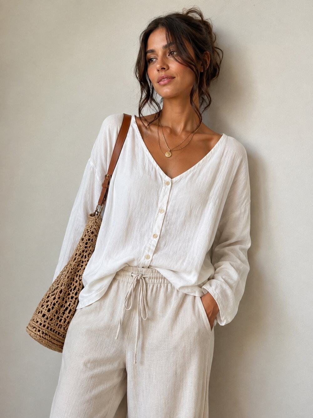 Flax Linen Long-Sleeve V-Neck Button-Down Tunic Shirt Top White Women's Large